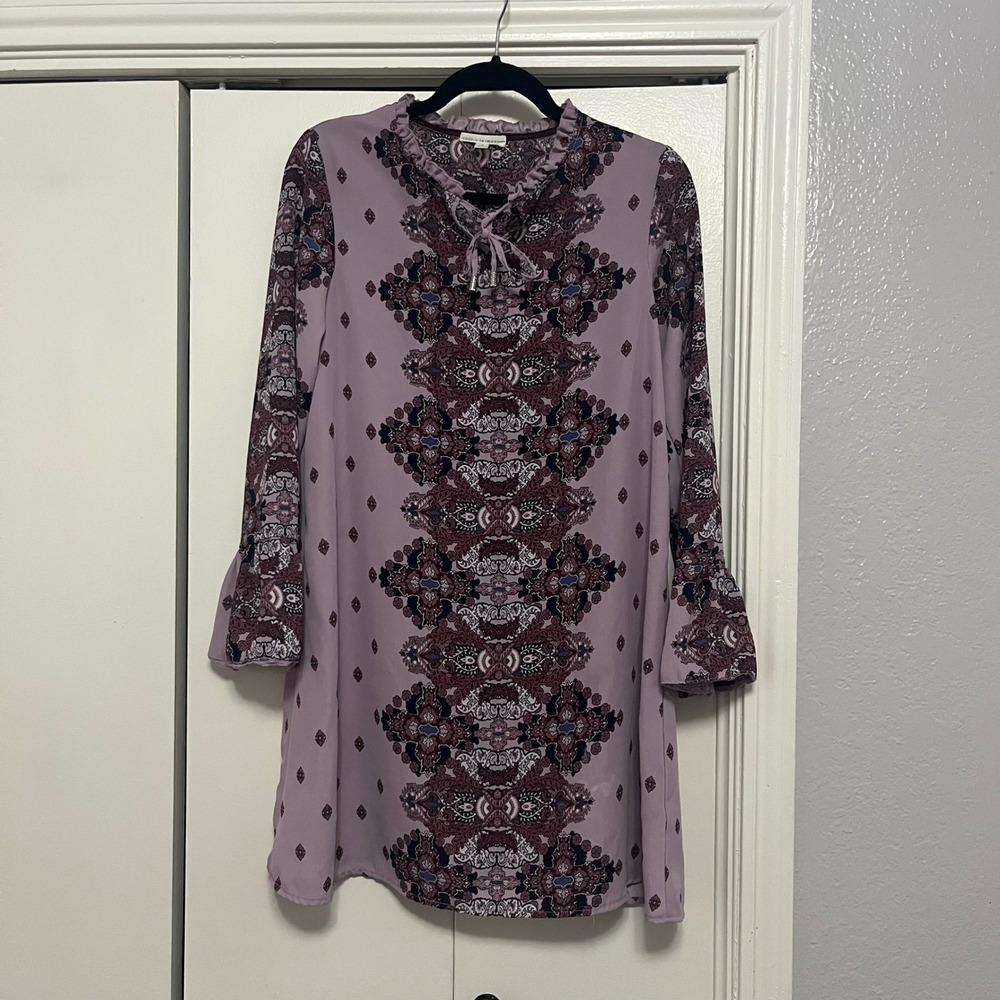 Coco + Jameson Women's Purple‎ Paisley Bell Sleeve Tie Neck Boho Dress Size S